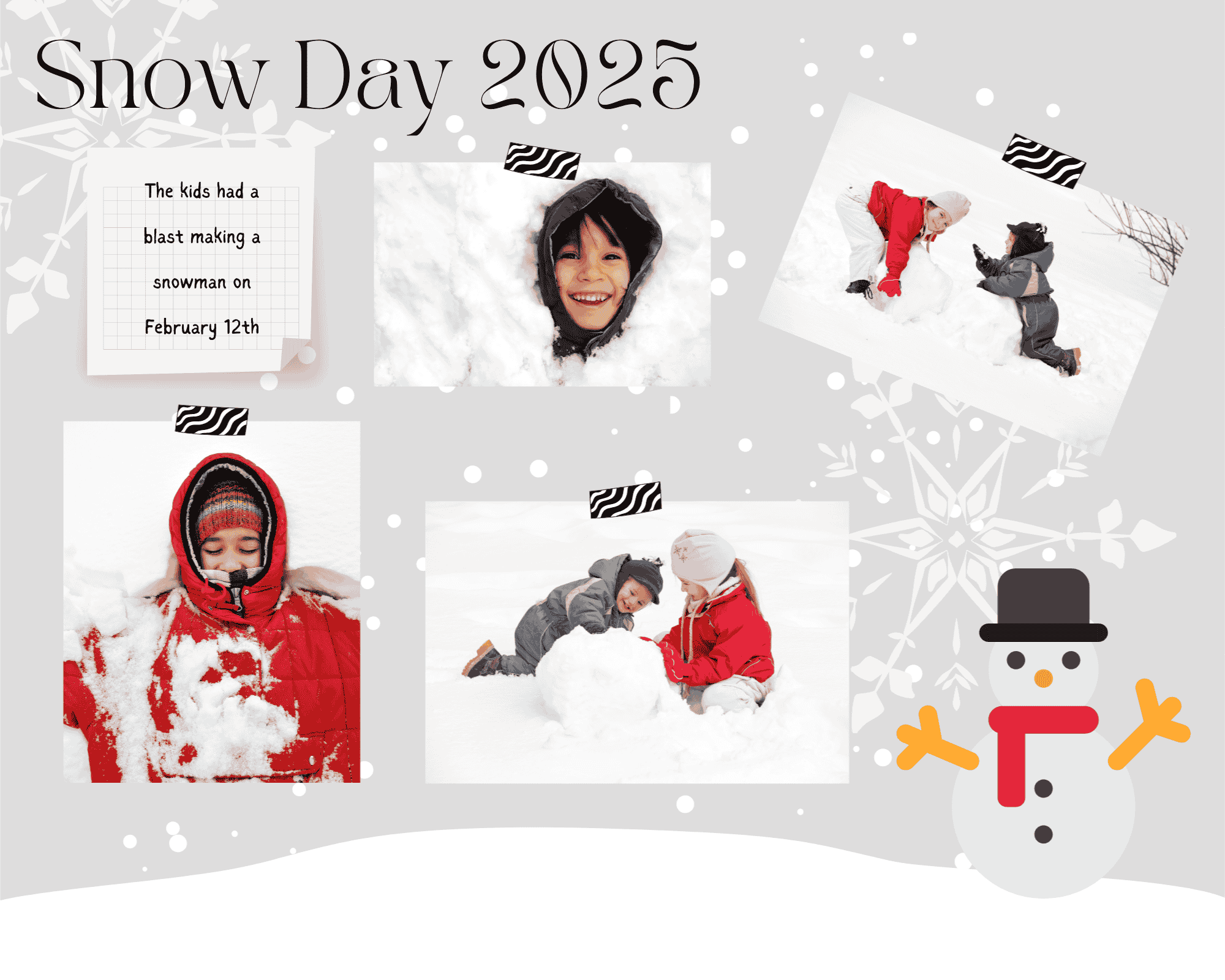Children enjoying Snow Day 2025, playing in the snow and building a snowman.