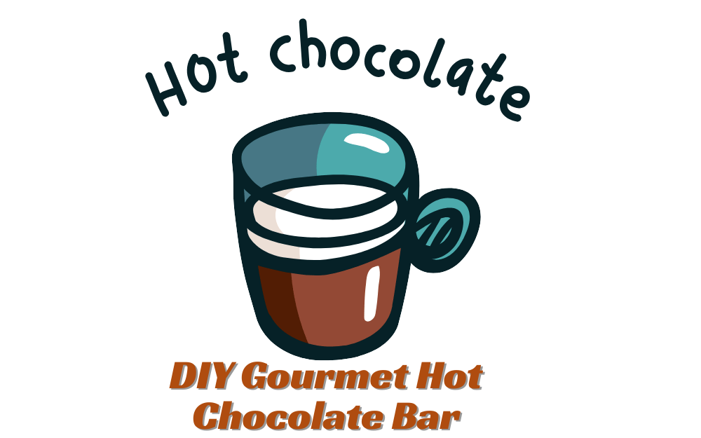 A cozy winter setup with a DIY gourmet hot chocolate bar featuring mugs, marshmallows, whipped cream, and toppings.