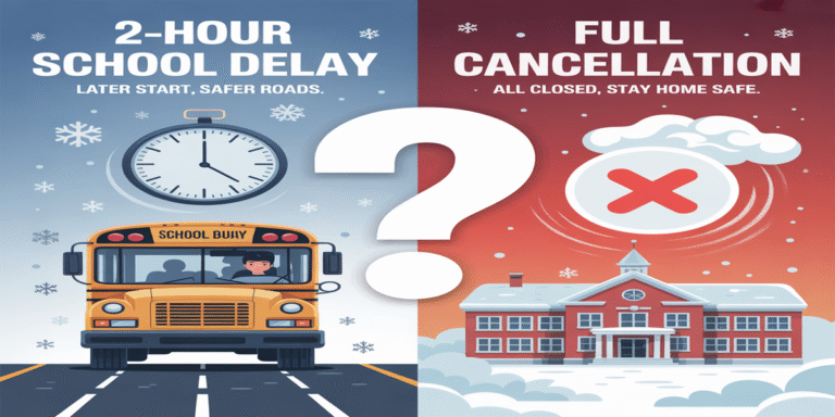Graphic comparing a 2-hour school delay and full cancellation with school bus, clock, and snowy weather icons — 2-Hour Delay or Cancellation.