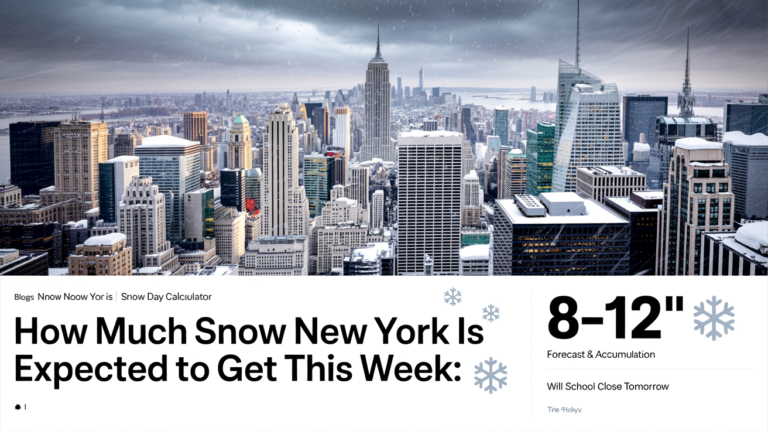 New York City skyline during snow storm with 8-12 inch snowfall forecast and school closure predictions