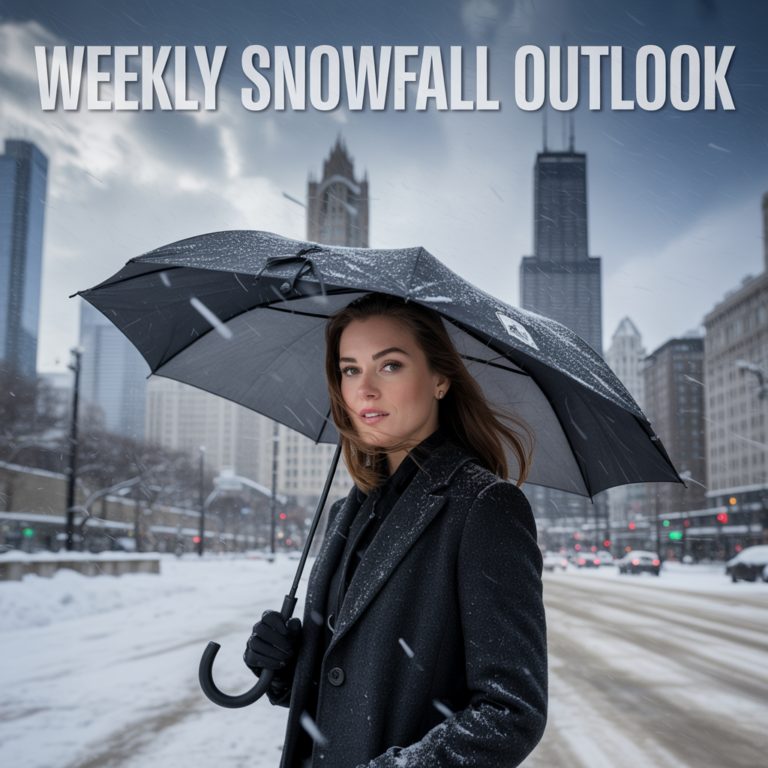 Professional woman with umbrella in Chicago snow storm holding umbrella with Weekly Snowfall Outlook text overlay
