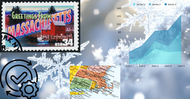 Collage showing Massachusetts maps, a postage stamp, winter snowflakes, and charts representing data, symbolizing a Massachusetts snow day and its regional impact.