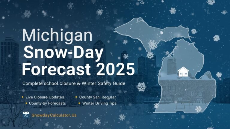 Michigan Snow Day Forecast 2025 featured image showing winter cityscape with school closure guide and snowflakes