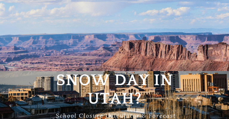 Snow Day in Utah 2025 school closure forecast graphic with Utah mountains backdrop