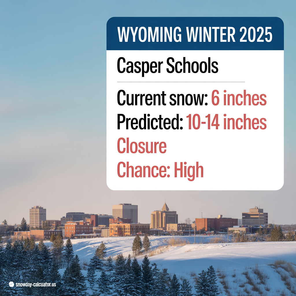 Wyoming Winter 2025 forecast graphic for Casper schools showing 6 inches current snow, 10-14 inches predicted, with high closure chance from snowday-calculator.us