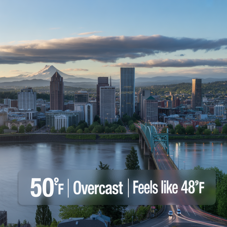 What is the weather like in Portland, Oregon, showing an overcast skyline with 50°F temperatures and cloudy conditions