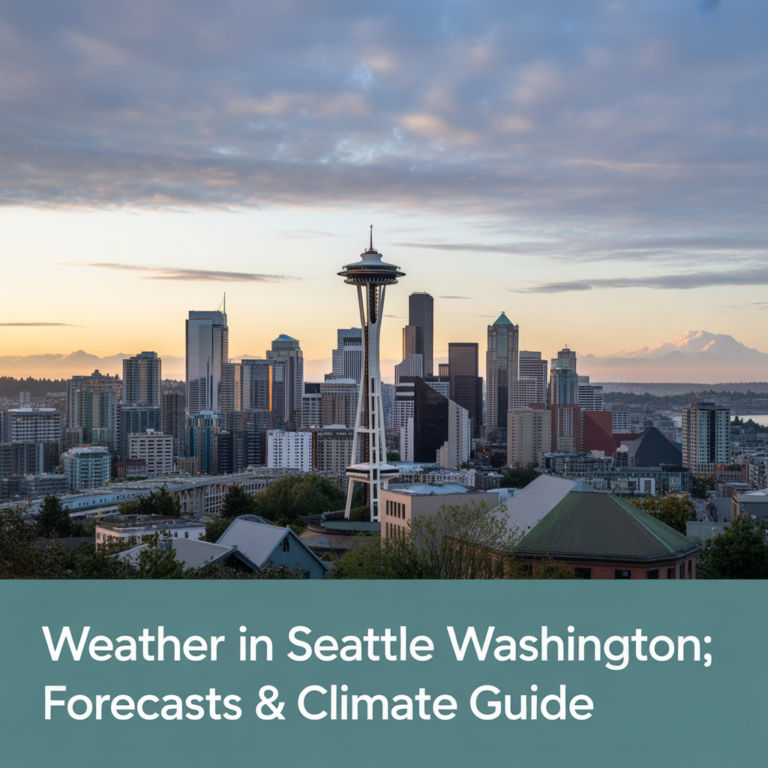 Weather in Seattle Washington - Downtown Seattle skyline with Space Needle under dramatic cloud cover over Puget Sound