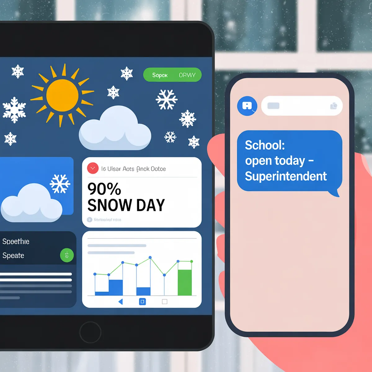 Predictor’s Forecast vs. The Superintendent’s Call showing a snow day prediction dashboard compared with an official school opening announcement on a mobile phone